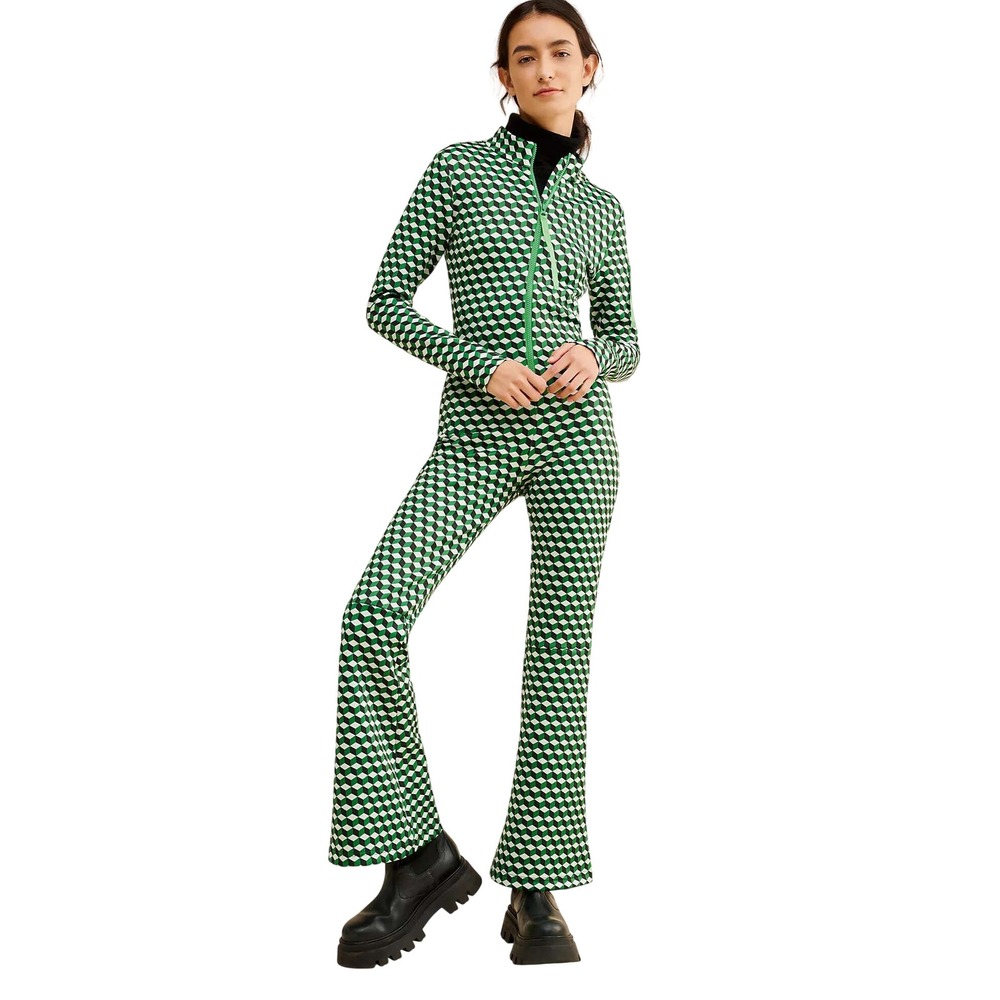 Retro Mod Geometric Ski Suit Jumpsuit 3D Cube Print M Green Black White Vintage